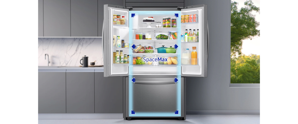 Samsung’s Black Stainless Steel 26.5 cu. ft. large capacity, 3-Door French Door Family Hub™ Refrigerator
